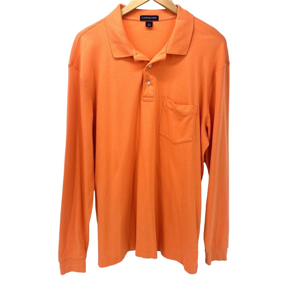 Lands End Polo Shirt Mens XL Long Sleeve Orange Cotton Coastal Pullover